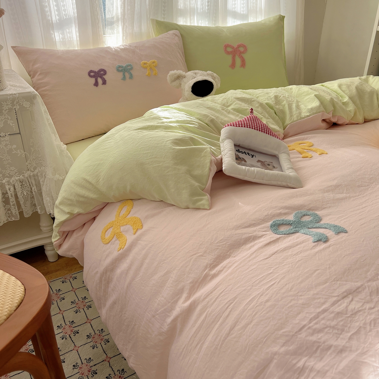 91家纺网 家纺一手货源 找家纺 顾里家纺 2025新款韩系蝴蝶结云朵棉毛巾绣套件四件套-少女梦想 少女梦想（粉绿）