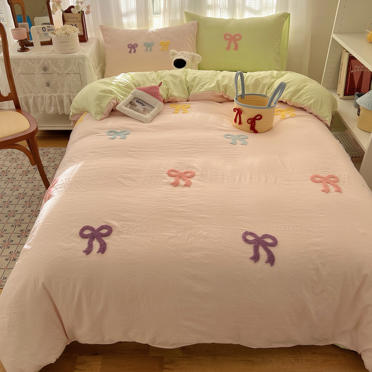 91家纺网 家纺一手货源 找家纺 顾里家纺 2025新款韩系蝴蝶结云朵棉毛巾绣套件四件套-少女梦想 少女梦想（粉绿）