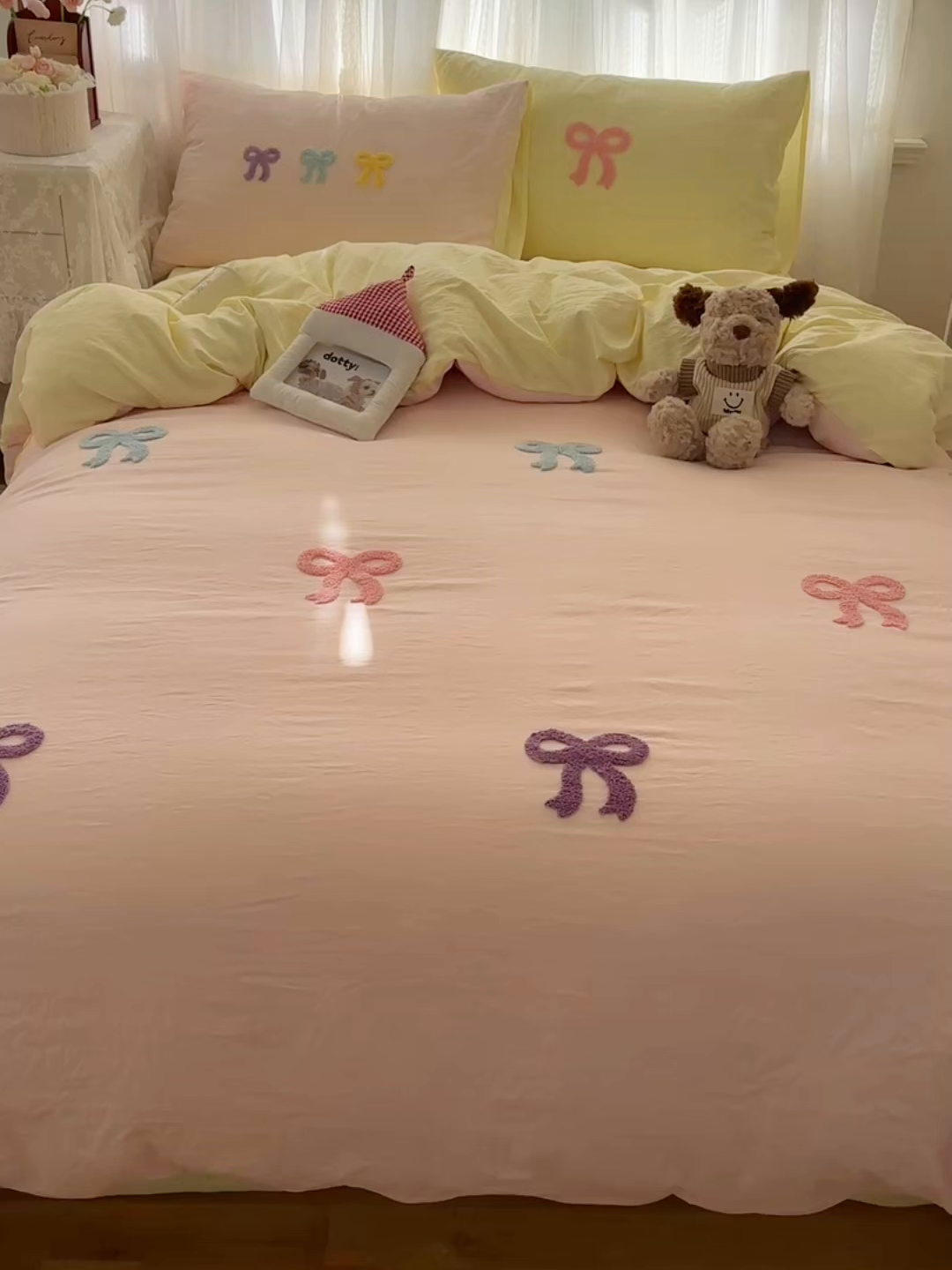 91家纺网 家纺一手货源 找家纺 （总）顾里家纺 2025新款韩系蝴蝶结云朵棉毛巾绣套件四件套-少女梦想