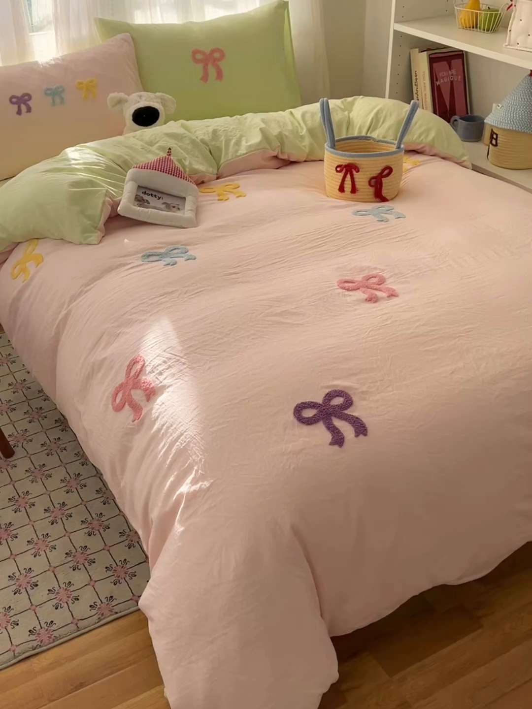 91家纺网 家纺一手货源 找家纺 顾里家纺 2025新款韩系蝴蝶结云朵棉毛巾绣套件四件套-少女梦想 少女梦想（粉绿）