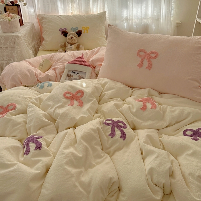 91家纺网 家纺一手货源 找家纺 （总）顾里家纺 2025新款韩系蝴蝶结云朵棉毛巾绣套件四件套-少女梦想