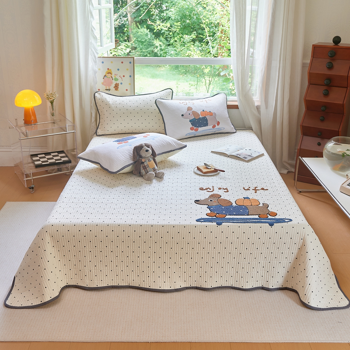 鑫喜莱家纺 2025新款云朵棉毛巾绣床盖三件套 南瓜狗