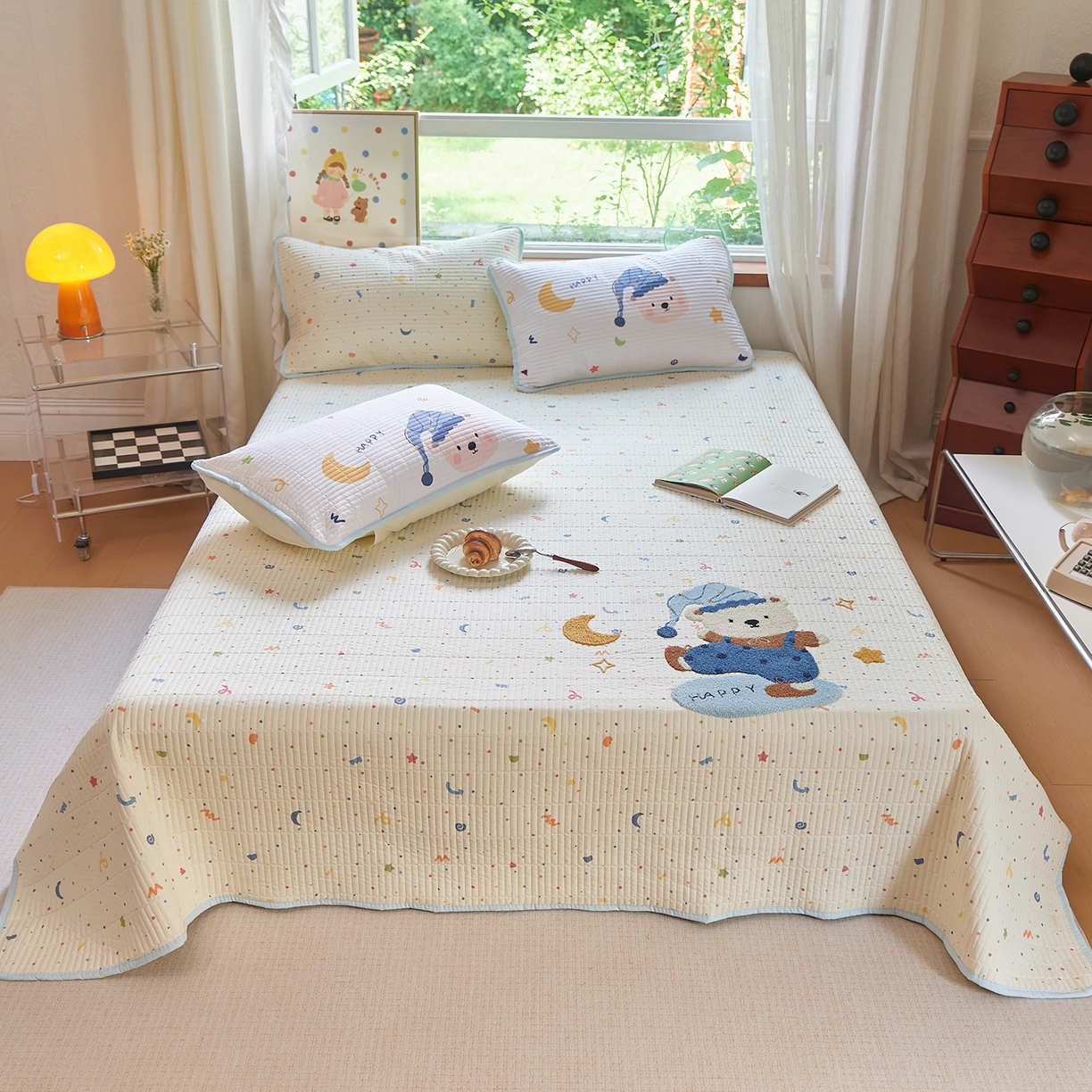 鑫喜莱家纺 2025新款云朵棉毛巾绣床盖三件套 月亮熊