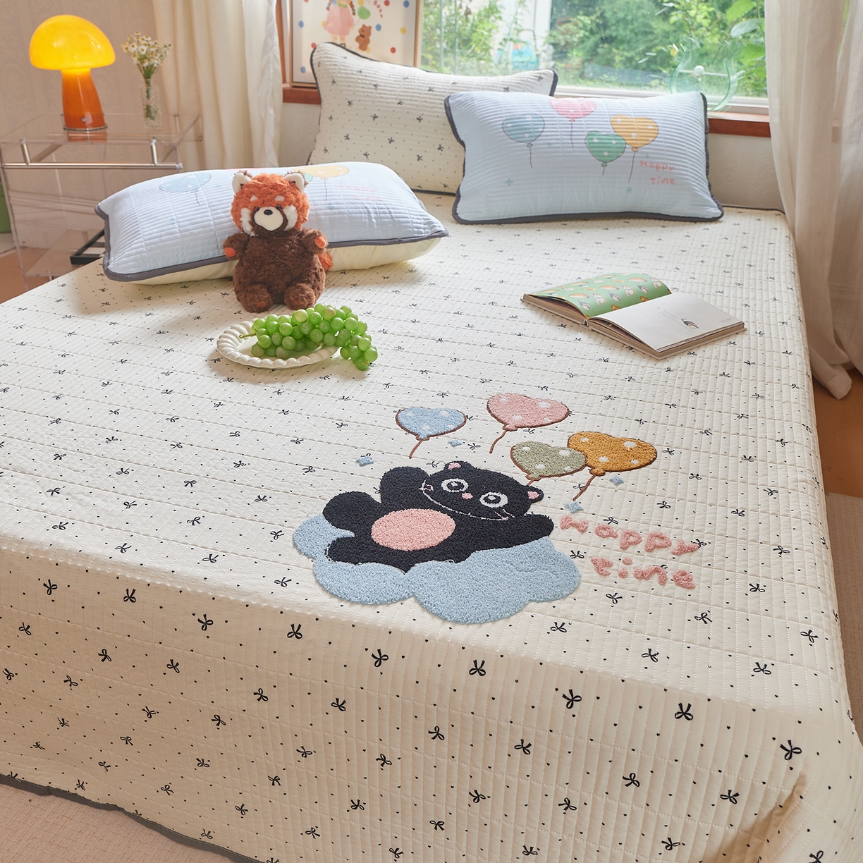 91家纺网 家纺一手货源 找家纺 鑫喜莱家纺 2025新款云朵棉毛巾绣床盖三件套 云朵猫