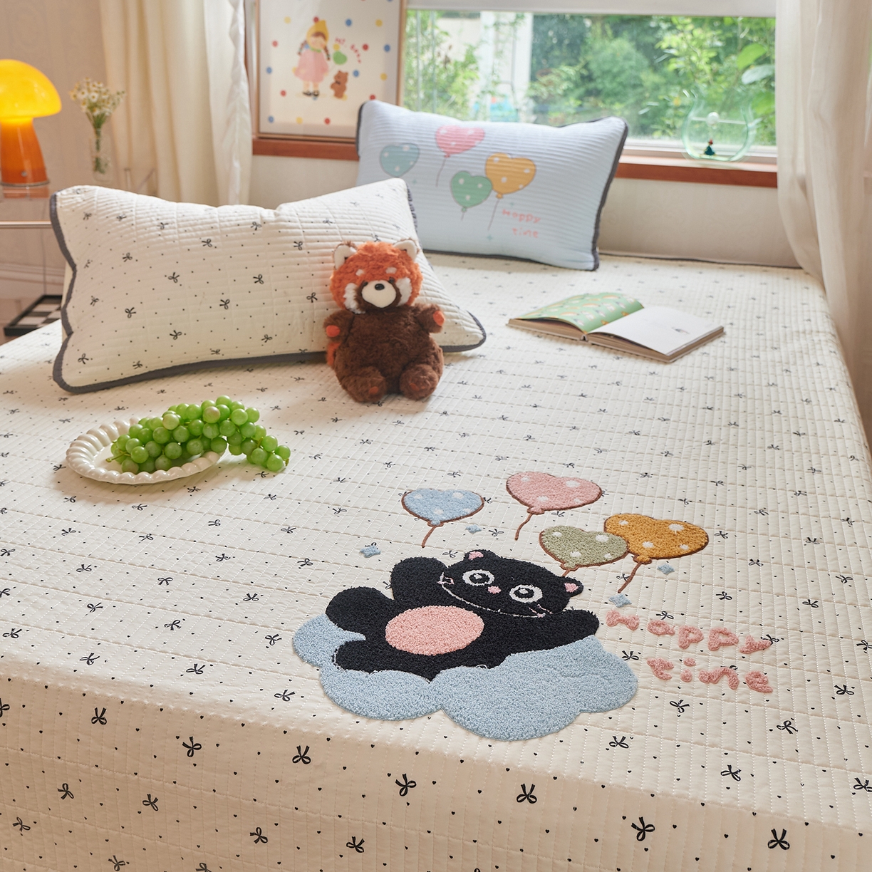 91家纺网 家纺一手货源 找家纺 鑫喜莱家纺 2025新款云朵棉毛巾绣床盖三件套 云朵猫