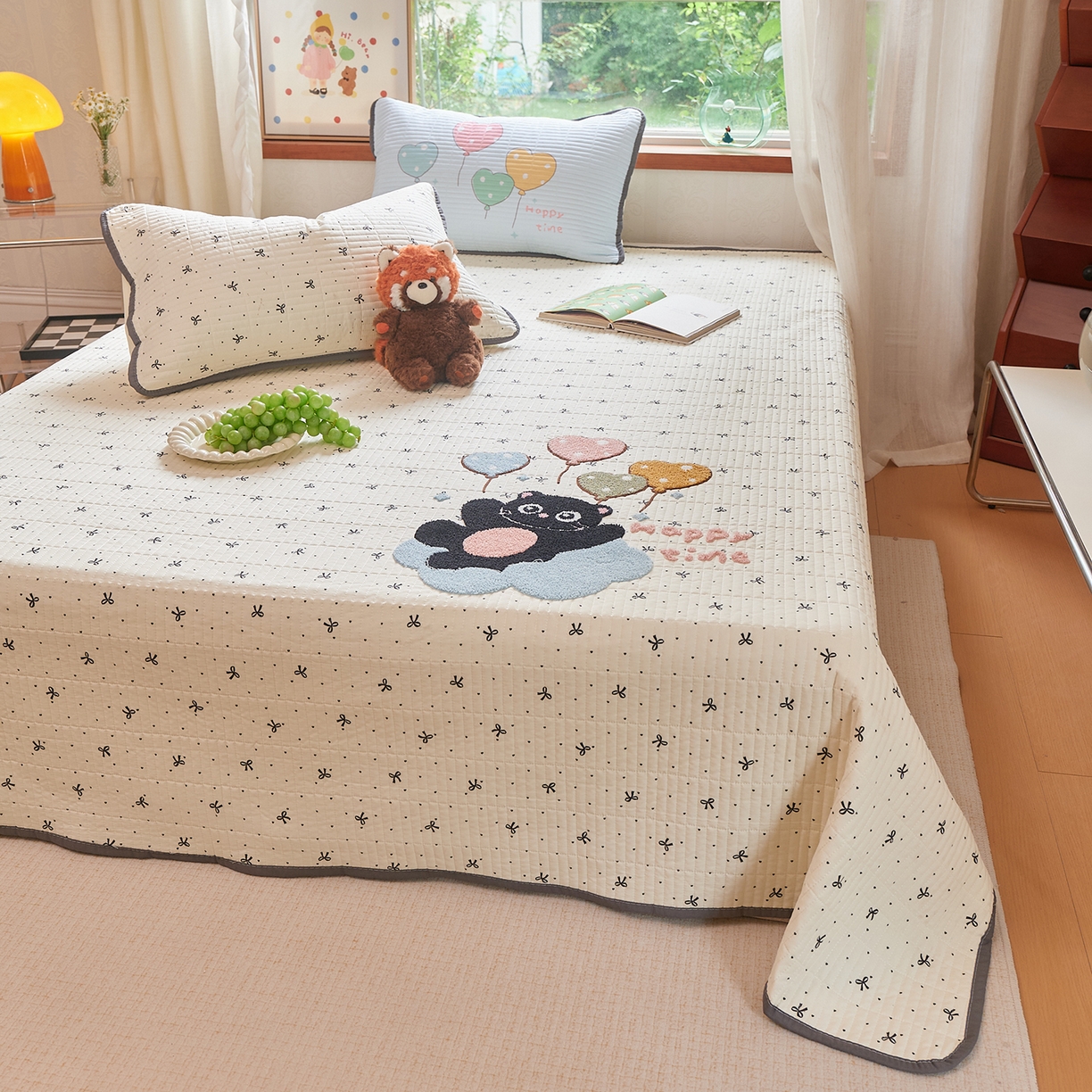 91家纺网 家纺一手货源 找家纺 鑫喜莱家纺 2025新款云朵棉毛巾绣床盖三件套 云朵猫