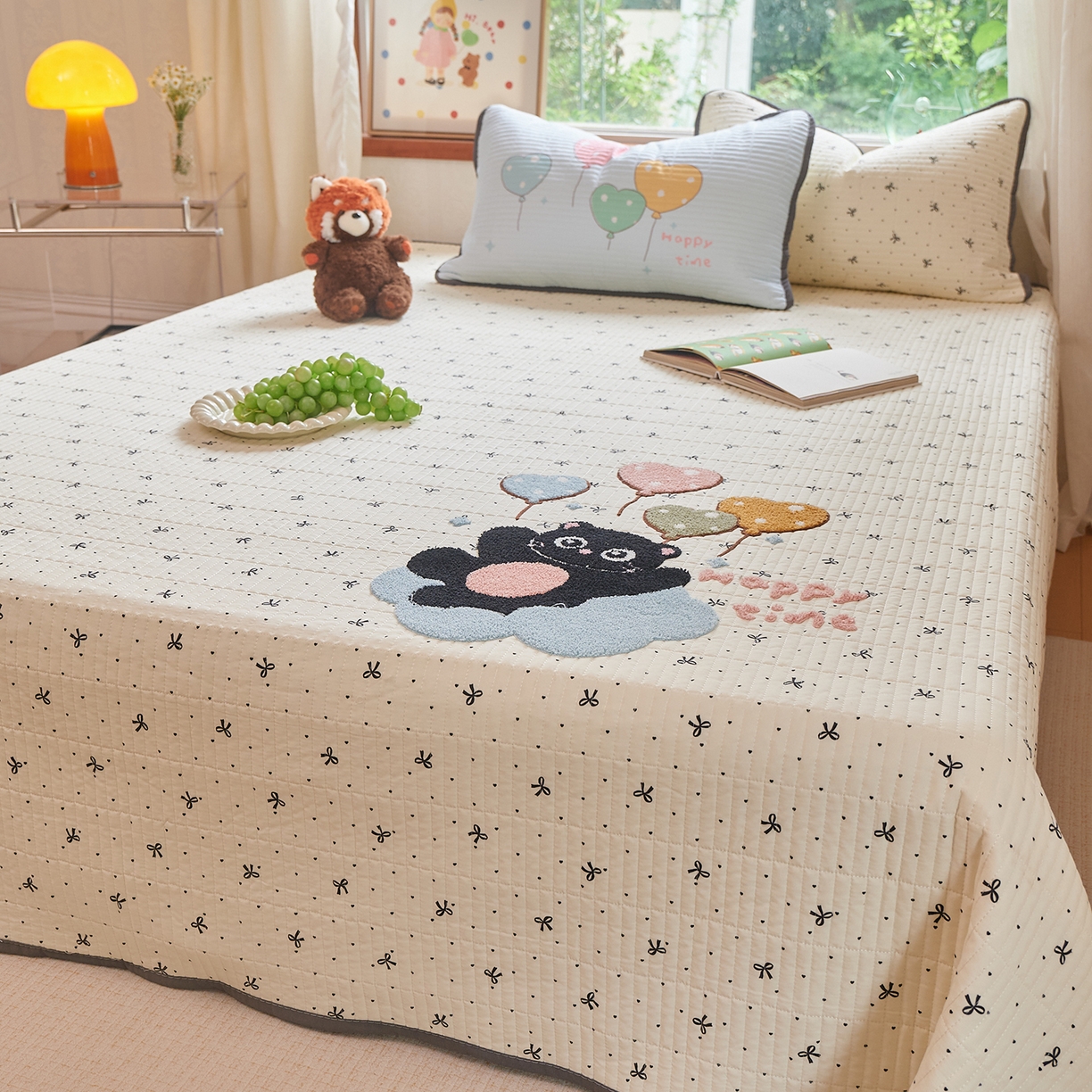 91家纺网 家纺一手货源 找家纺 鑫喜莱家纺 2025新款云朵棉毛巾绣床盖三件套 云朵猫