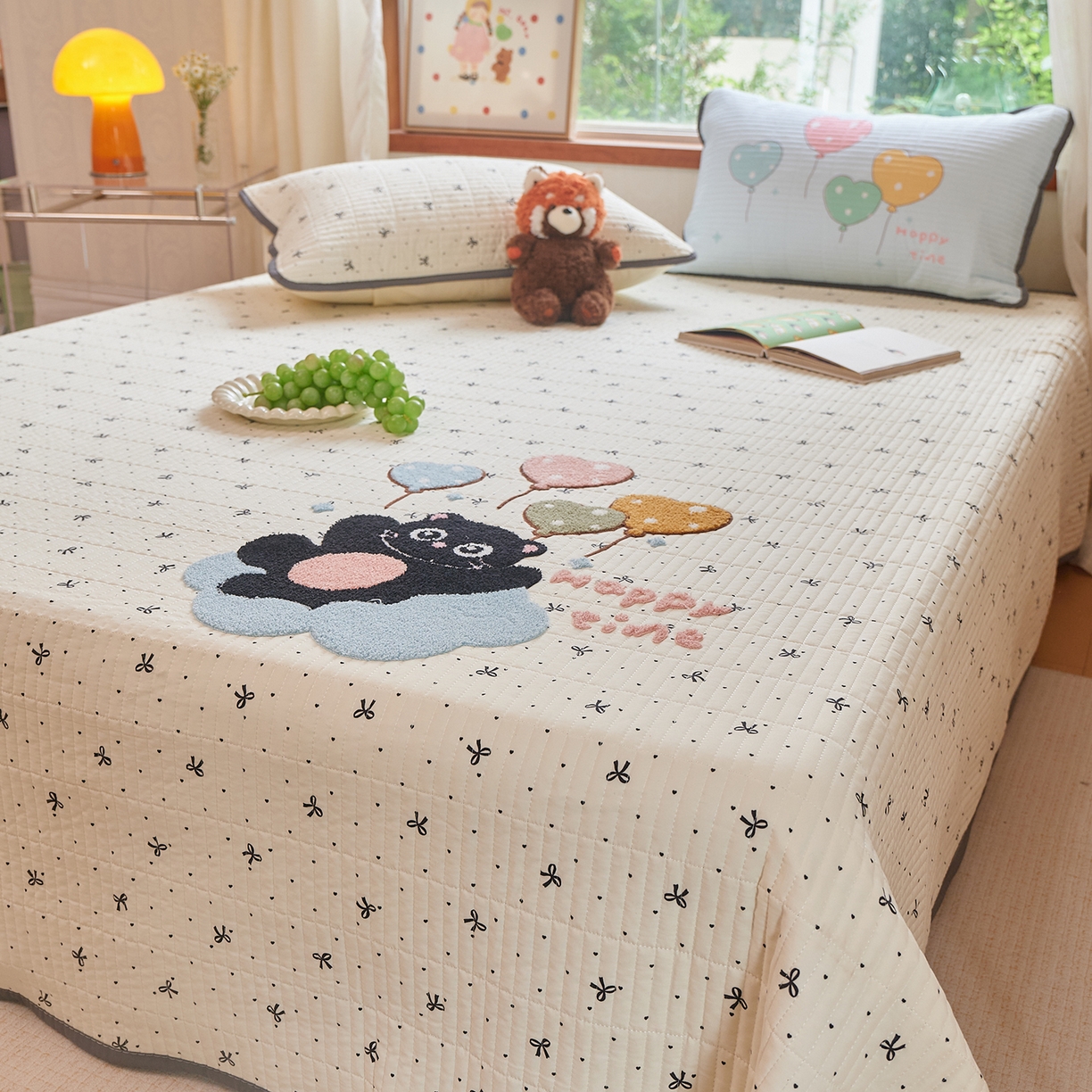 91家纺网 家纺一手货源 找家纺 鑫喜莱家纺 2025新款云朵棉毛巾绣床盖三件套 云朵猫