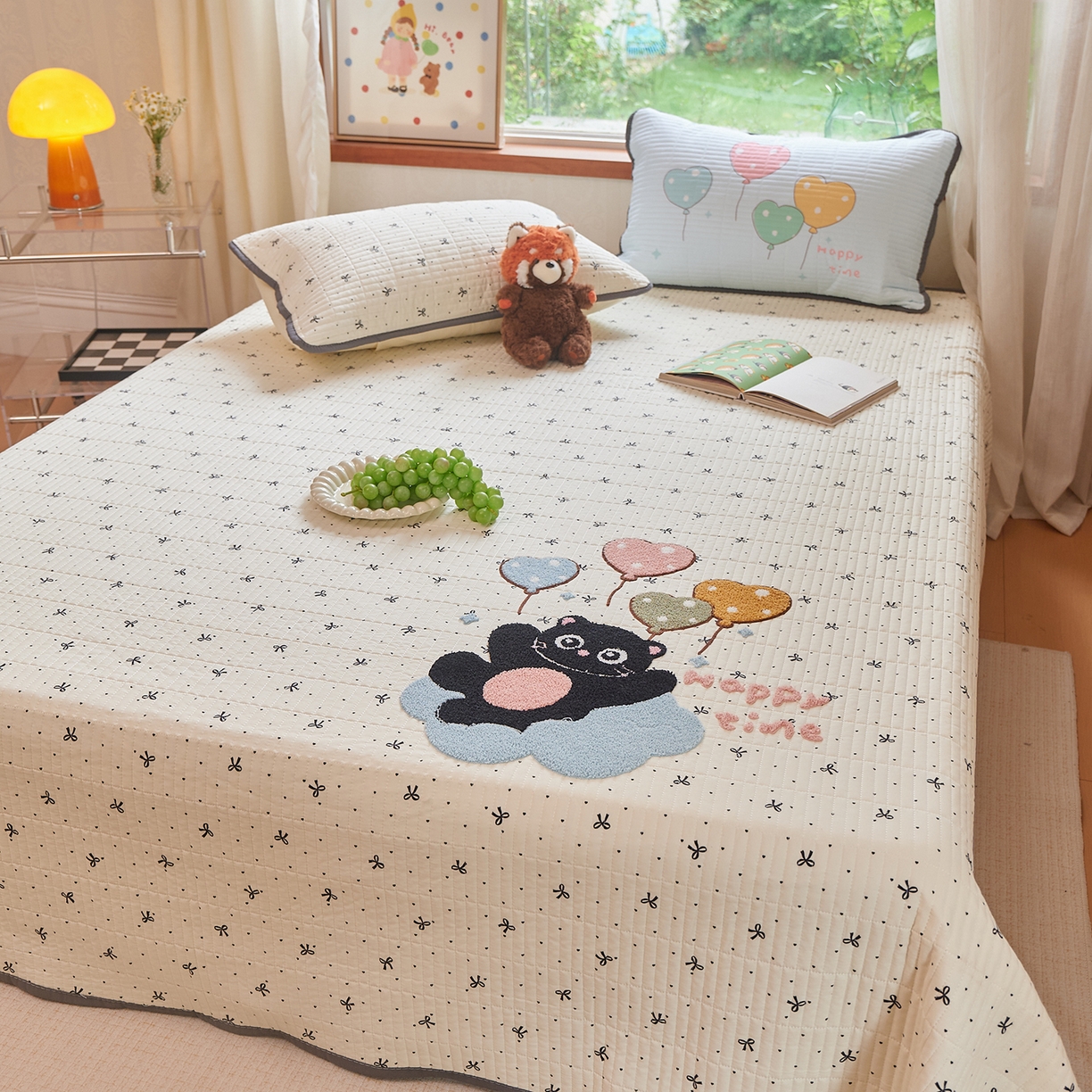 91家纺网 家纺一手货源 找家纺 鑫喜莱家纺 2025新款云朵棉毛巾绣床盖三件套 云朵猫