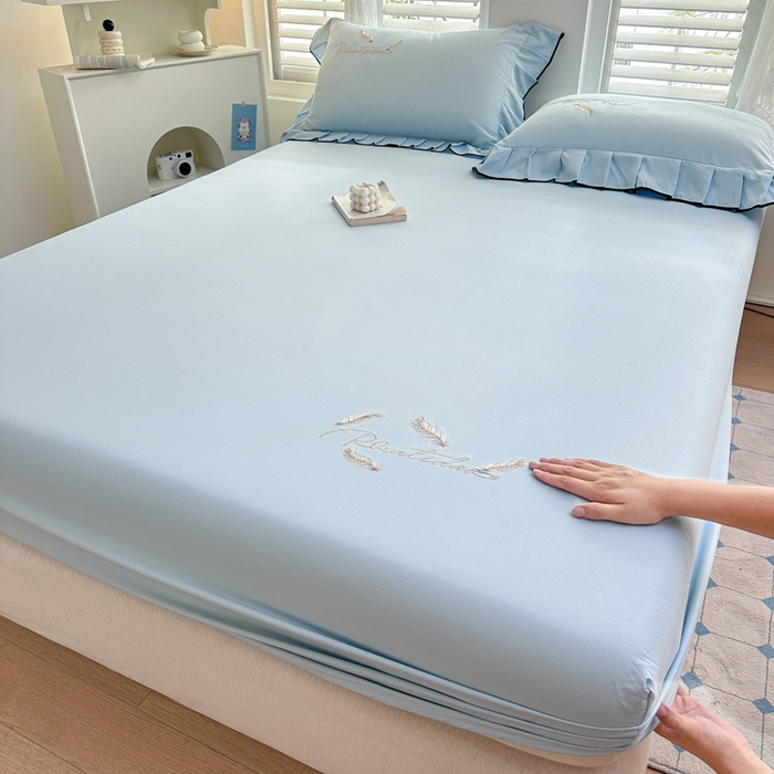 柔享家（原芷澜家纺） 2025新款法式纯色水洗棉刺绣绣花磨毛床笠汇总（有同款四件套） 天际蓝