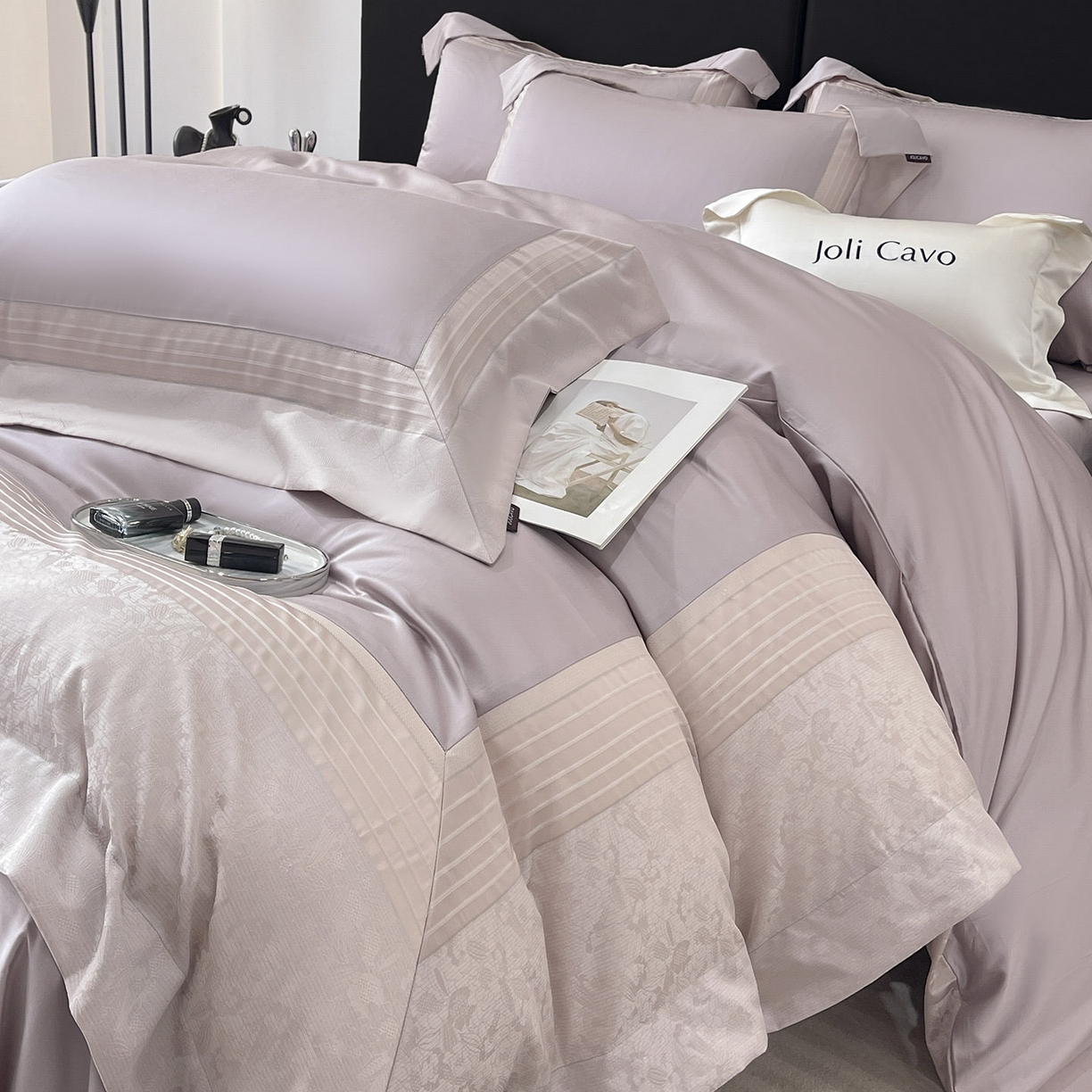 91家纺网 家纺一手货源 找家纺 （总）2025新款秋冬A类贡缎提花长绒棉四件套全棉纯棉轻奢风重工拼接被套纯色床单床笠高端床上用品-莫黛