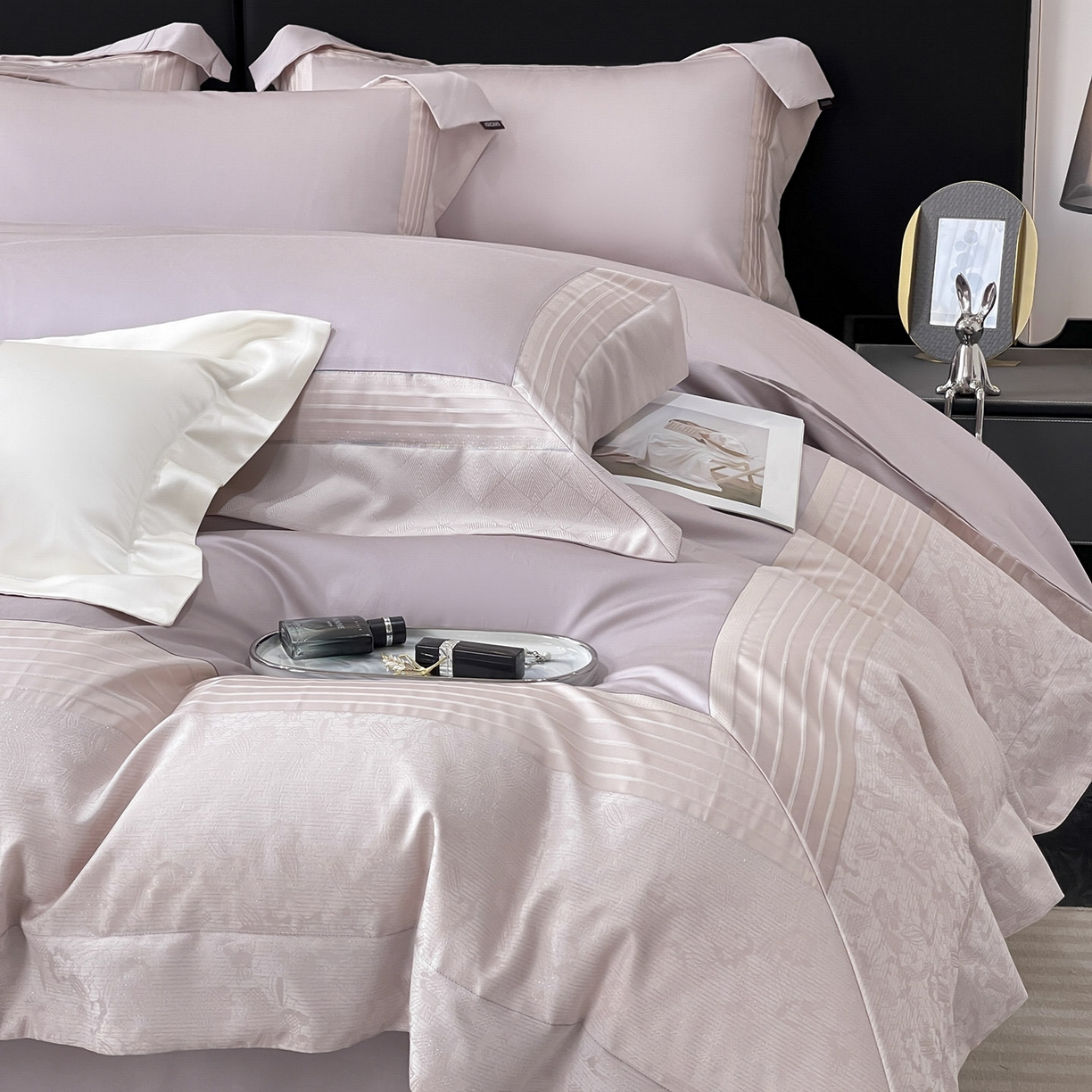 91家纺网 家纺一手货源 找家纺 （总）2025新款秋冬A类贡缎提花长绒棉四件套全棉纯棉轻奢风重工拼接被套纯色床单床笠高端床上用品-莫黛