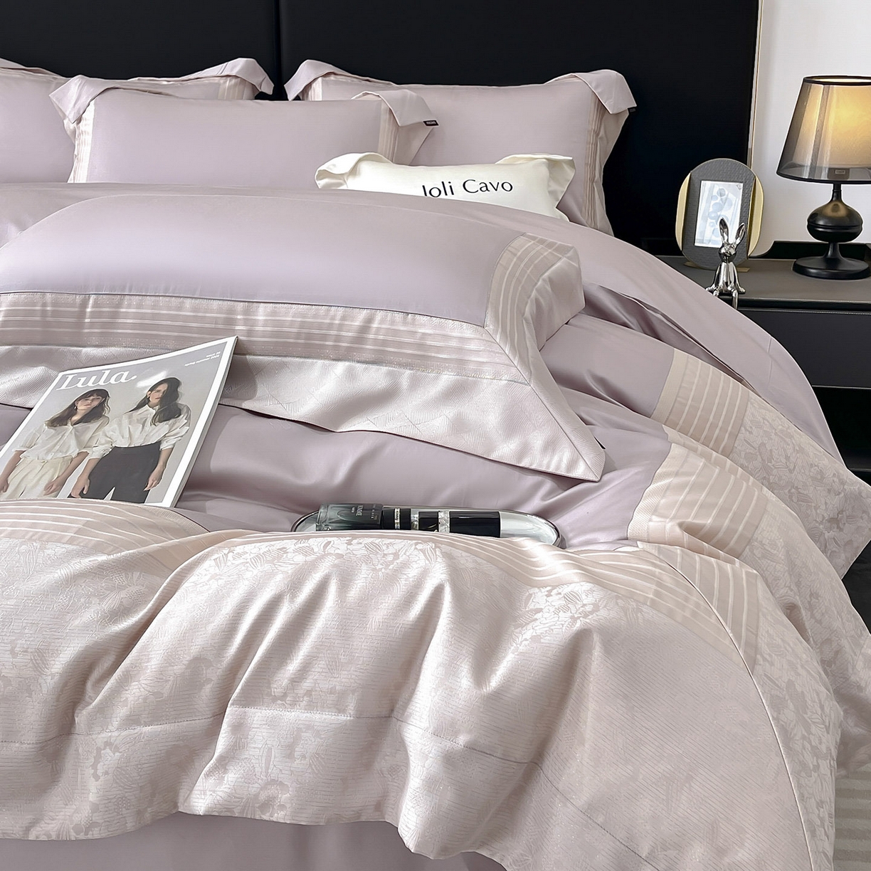 91家纺网 家纺一手货源 找家纺 （总）2025新款秋冬A类贡缎提花长绒棉四件套全棉纯棉轻奢风重工拼接被套纯色床单床笠高端床上用品-莫黛