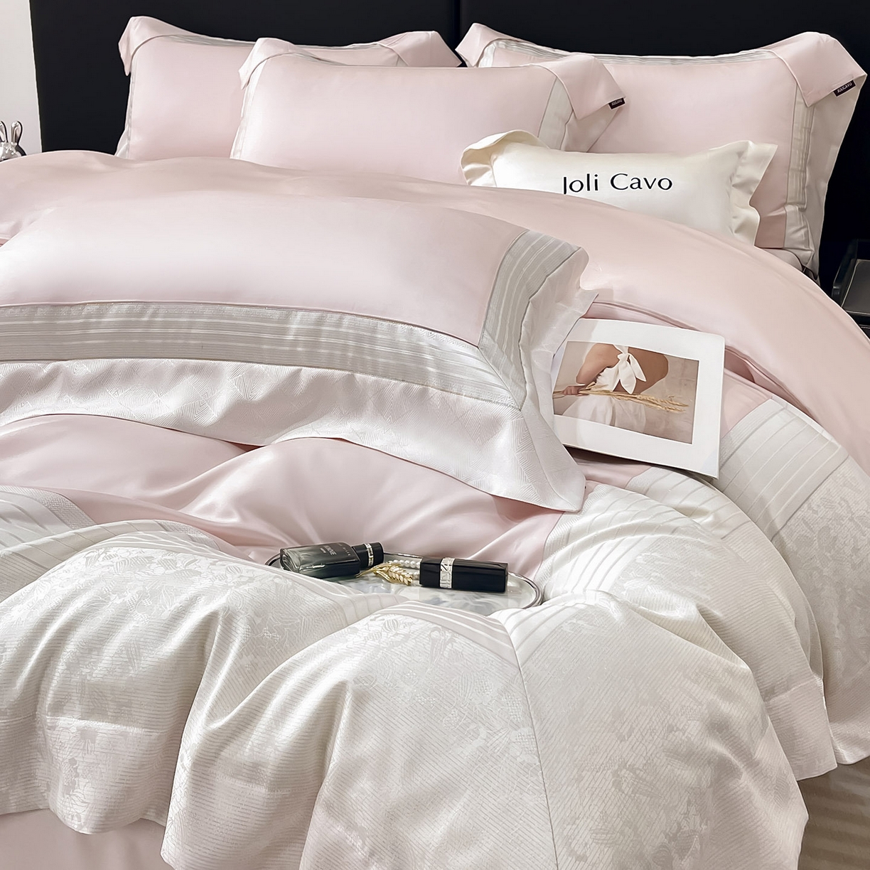 91家纺网 家纺一手货源 找家纺 （总）2025新款秋冬A类贡缎提花长绒棉四件套全棉纯棉轻奢风重工拼接被套纯色床单床笠高端床上用品-莫黛