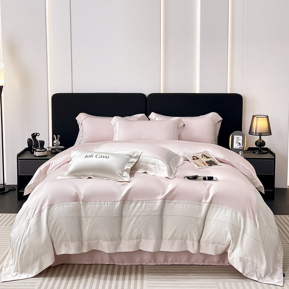 91家纺网 家纺一手货源 找家纺 2025新款秋冬A类贡缎提花长绒棉四件套全棉纯棉轻奢风重工拼接被套纯色床单床笠高端床上用品-莫黛 莫黛-觅静粉