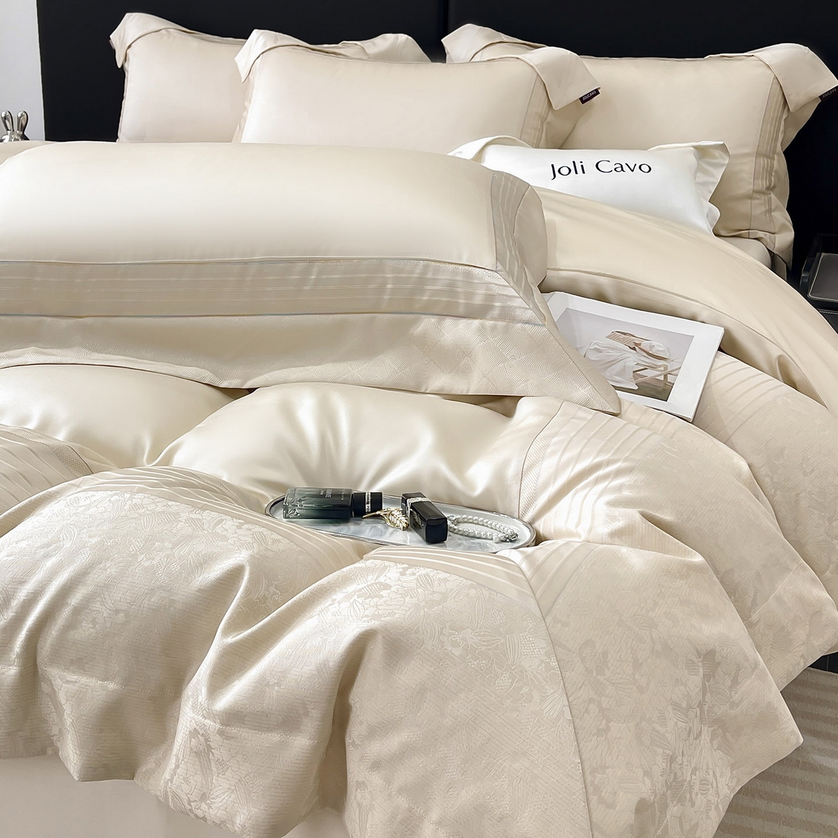 91家纺网 家纺一手货源 找家纺 2025新款秋冬A类贡缎提花长绒棉四件套全棉纯棉轻奢风重工拼接被套纯色床单床笠高端床上用品-莫黛 莫黛-疏影金