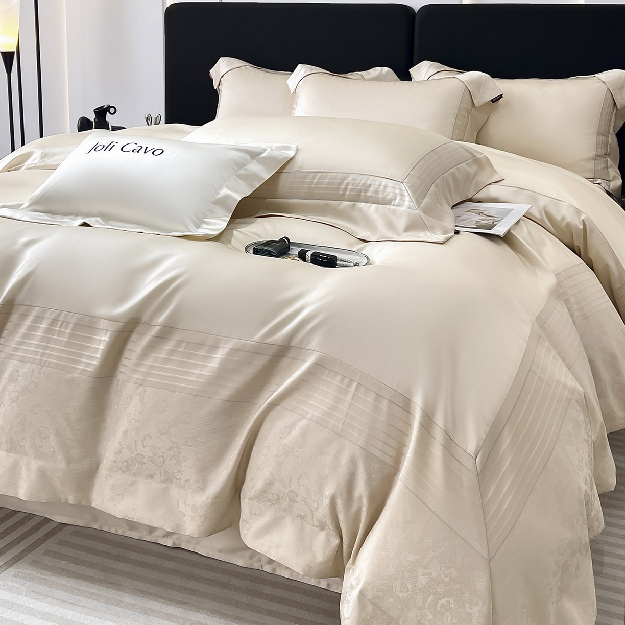 91家纺网 家纺一手货源 找家纺 2025新款秋冬A类贡缎提花长绒棉四件套全棉纯棉轻奢风重工拼接被套纯色床单床笠高端床上用品-莫黛 莫黛-疏影金