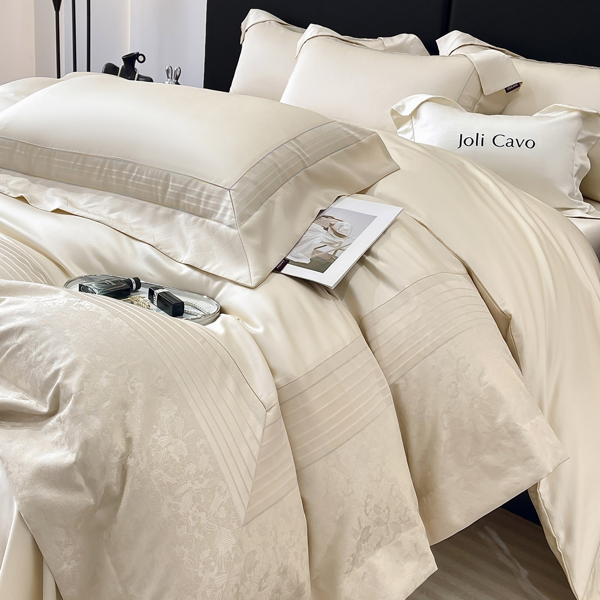 91家纺网 家纺一手货源 找家纺 2025新款秋冬A类贡缎提花长绒棉四件套全棉纯棉轻奢风重工拼接被套纯色床单床笠高端床上用品-莫黛 莫黛-疏影金