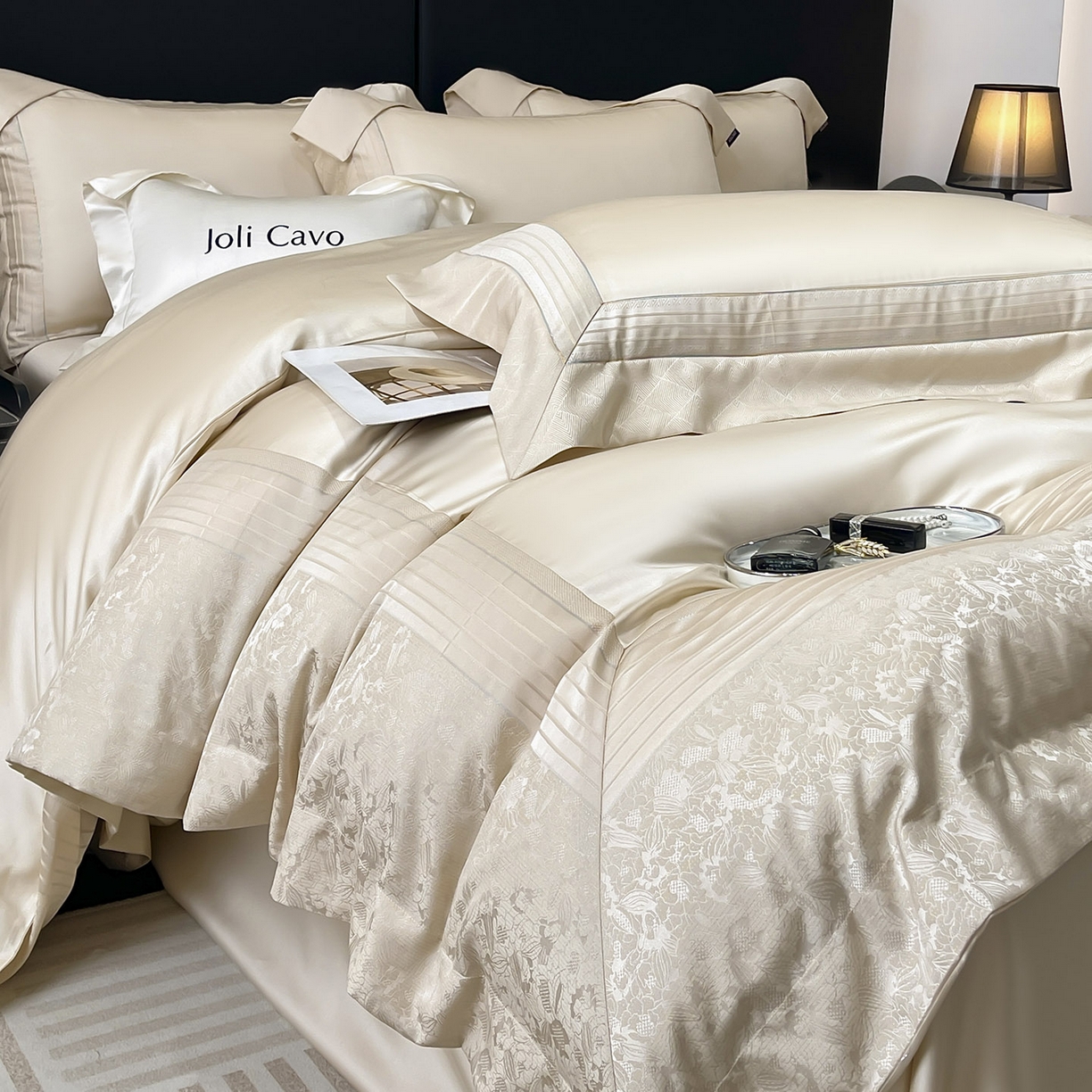 91家纺网 家纺一手货源 找家纺 2025新款秋冬A类贡缎提花长绒棉四件套全棉纯棉轻奢风重工拼接被套纯色床单床笠高端床上用品-莫黛 莫黛-疏影金