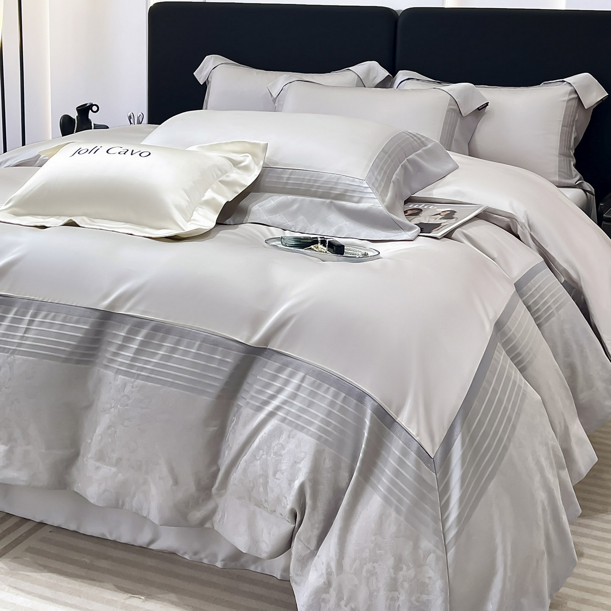 91家纺网 家纺一手货源 找家纺 2025新款秋冬A类贡缎提花长绒棉四件套全棉纯棉轻奢风重工拼接被套纯色床单床笠高端床上用品-莫黛 莫黛-月桂灰