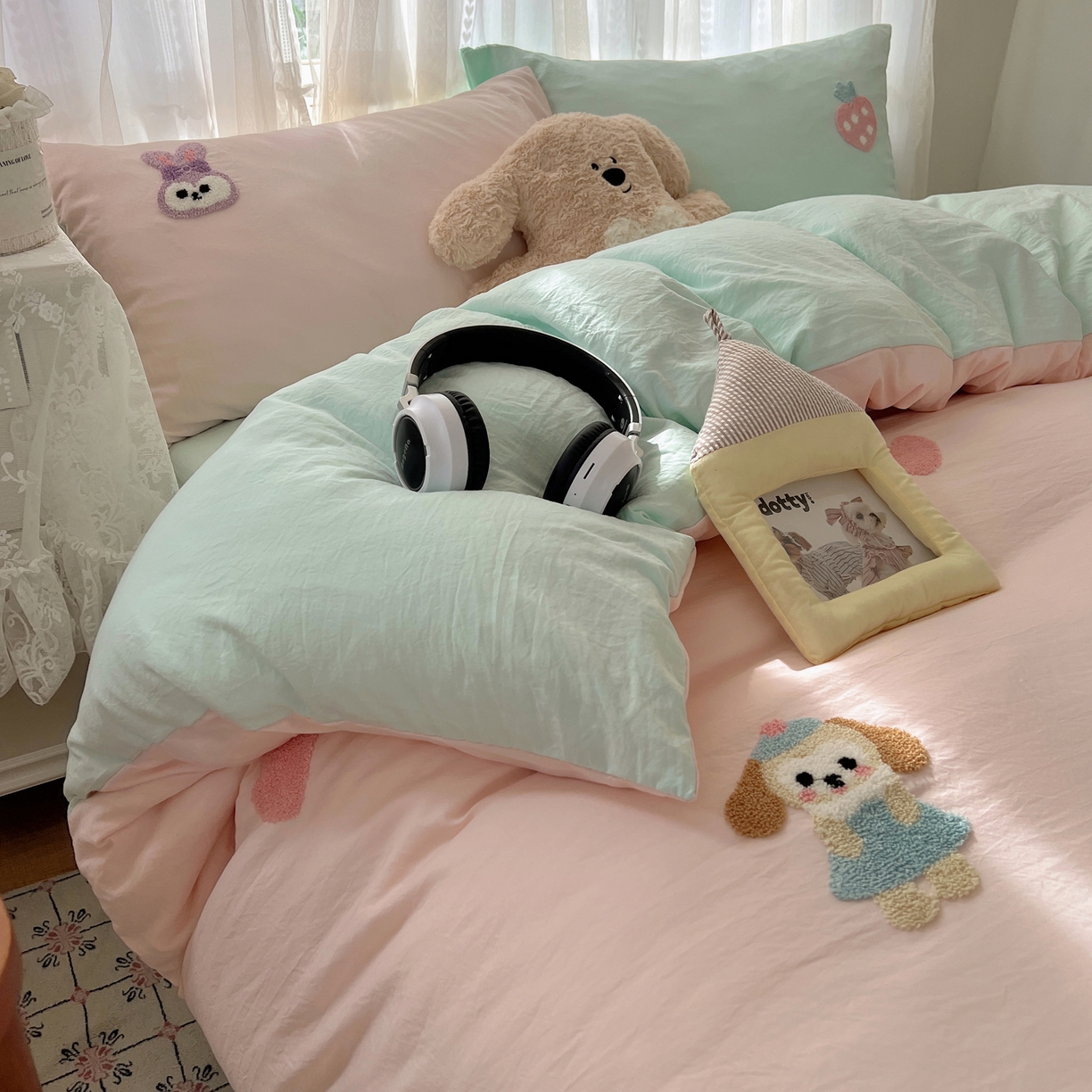 91家纺网 家纺一手货源 找家纺 顾里家纺 2025新款ins可爱毛巾绣云朵棉套件四件套 甜心好友