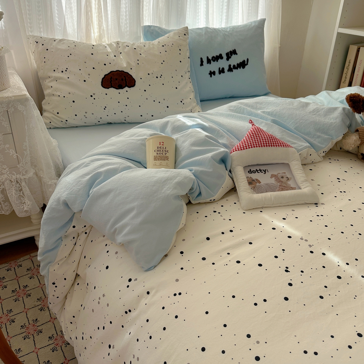 91家纺网 家纺一手货源 找家纺 顾里家纺 2025新款ins可爱毛巾绣云朵棉套件四件套 点点狗