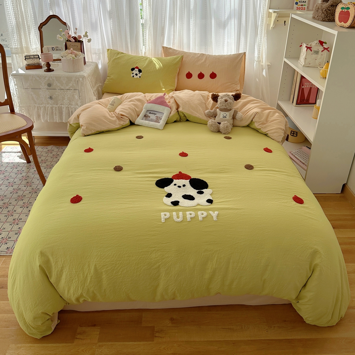 91家纺网 家纺一手货源 找家纺 顾里家纺 2025新款ins可爱毛巾绣云朵棉套件四件套 塔塔狗