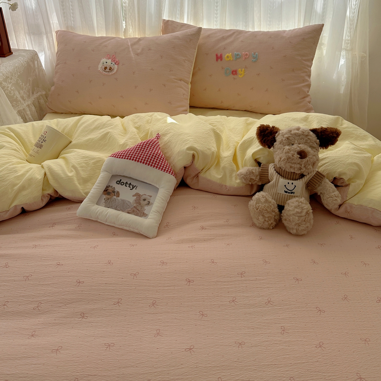 91家纺网 家纺一手货源 找家纺 顾里家纺 2025新款ins可爱毛巾绣云朵棉套件四件套 甜梅梅