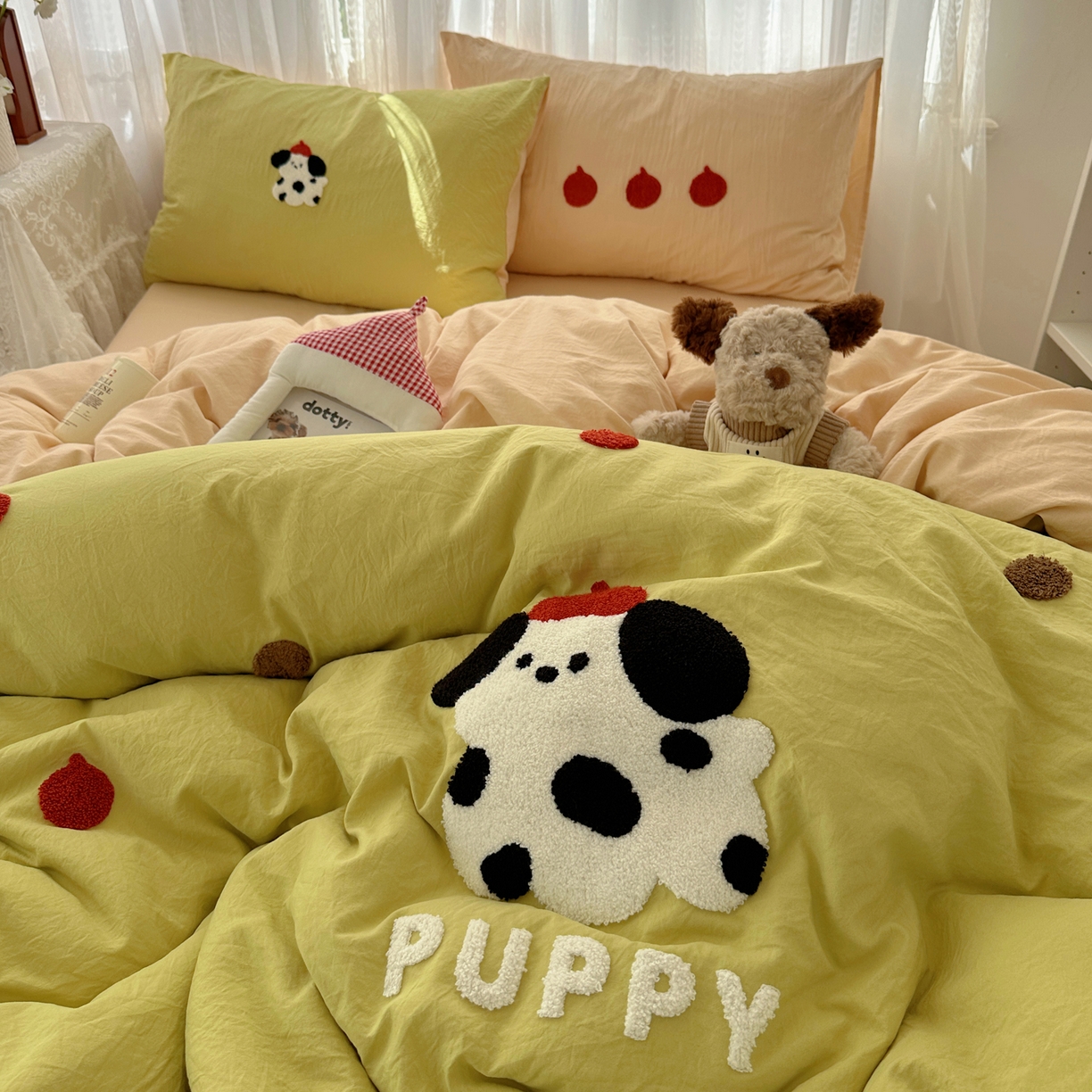 91家纺网 家纺一手货源 找家纺 顾里家纺 2025新款ins可爱毛巾绣云朵棉套件四件套 塔塔狗