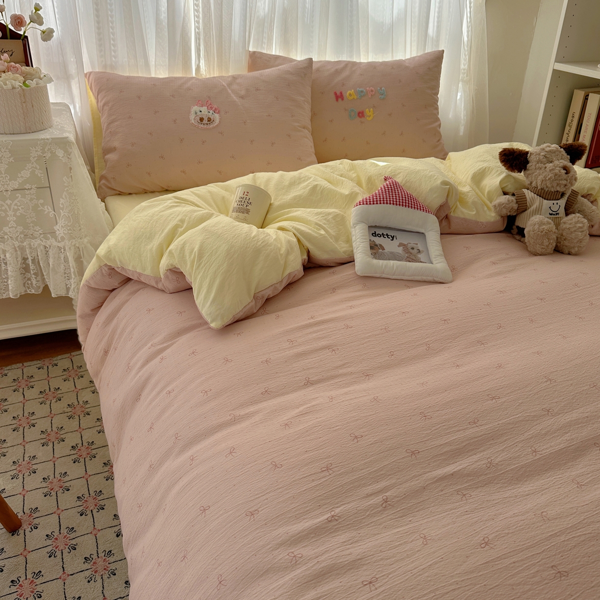 91家纺网 家纺一手货源 找家纺 顾里家纺 2025新款ins可爱毛巾绣云朵棉套件四件套 甜梅梅