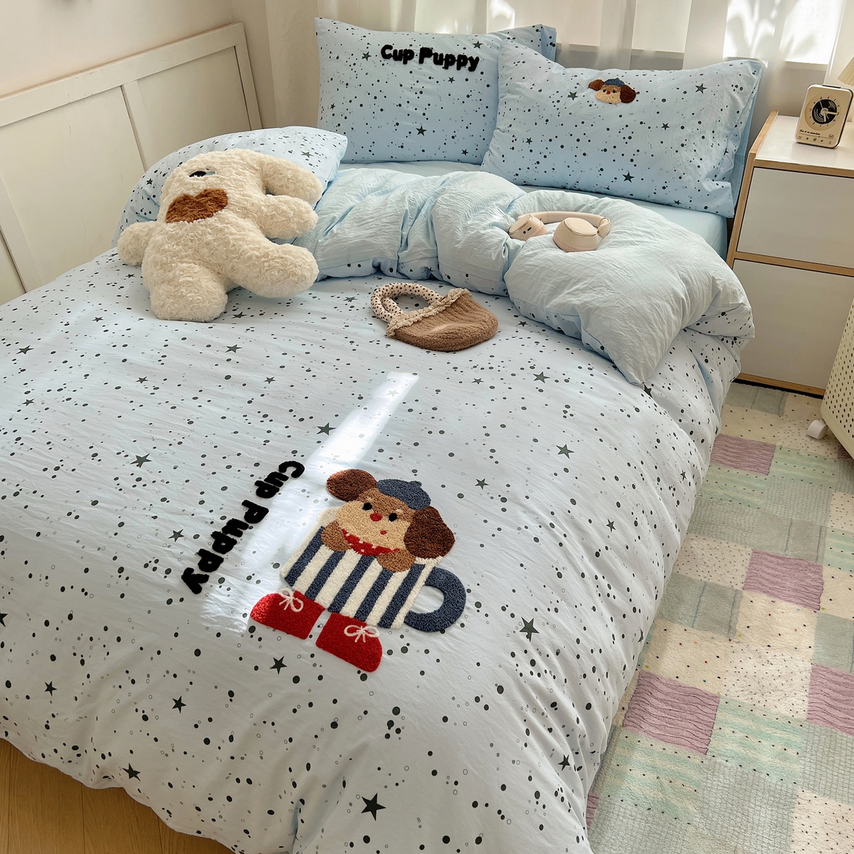 91家纺网 家纺一手货源 找家纺 顾里家纺 2025新款ins可爱毛巾绣云朵棉套件四件套 杯子小狗