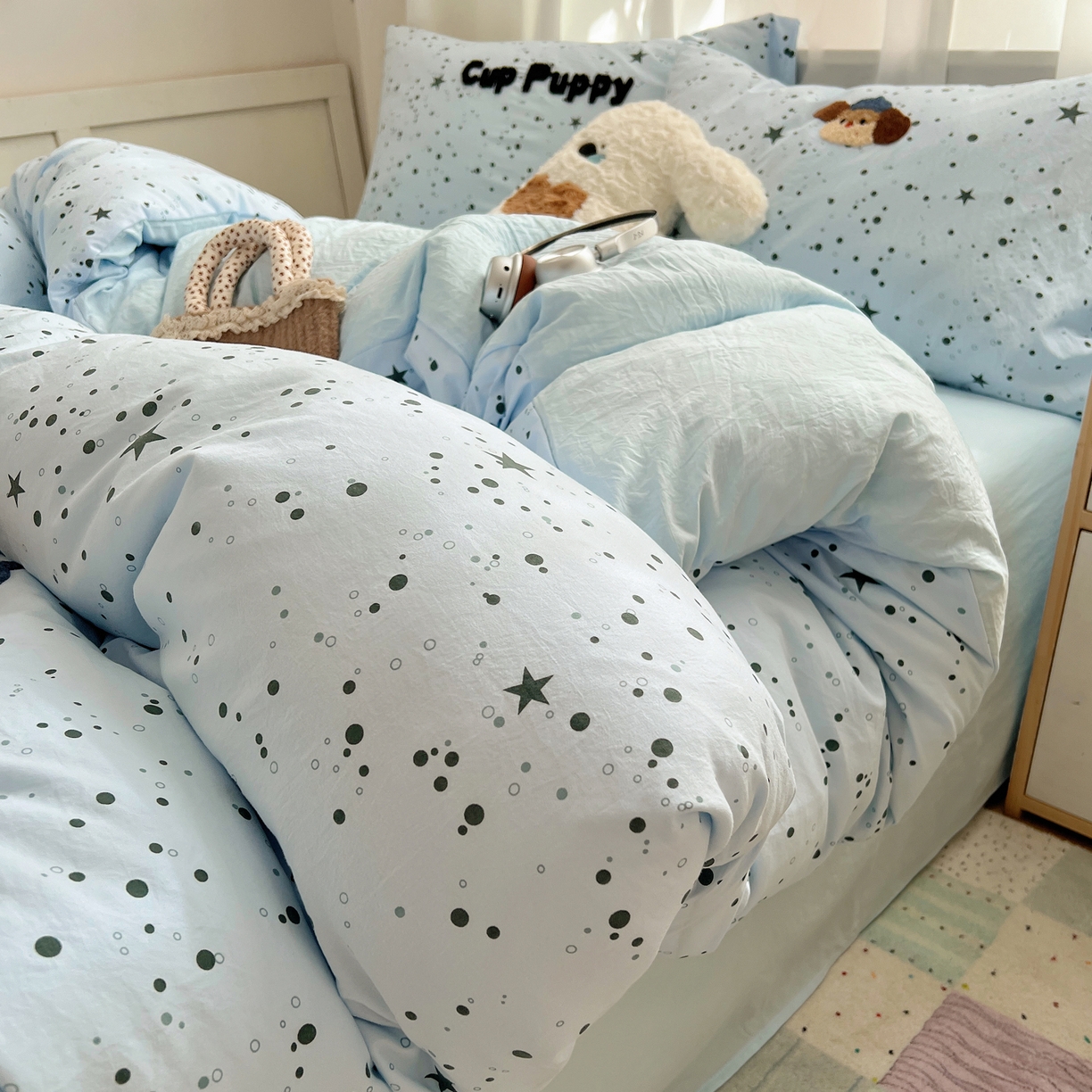 91家纺网 家纺一手货源 找家纺 顾里家纺 2025新款ins可爱毛巾绣云朵棉套件四件套 杯子小狗