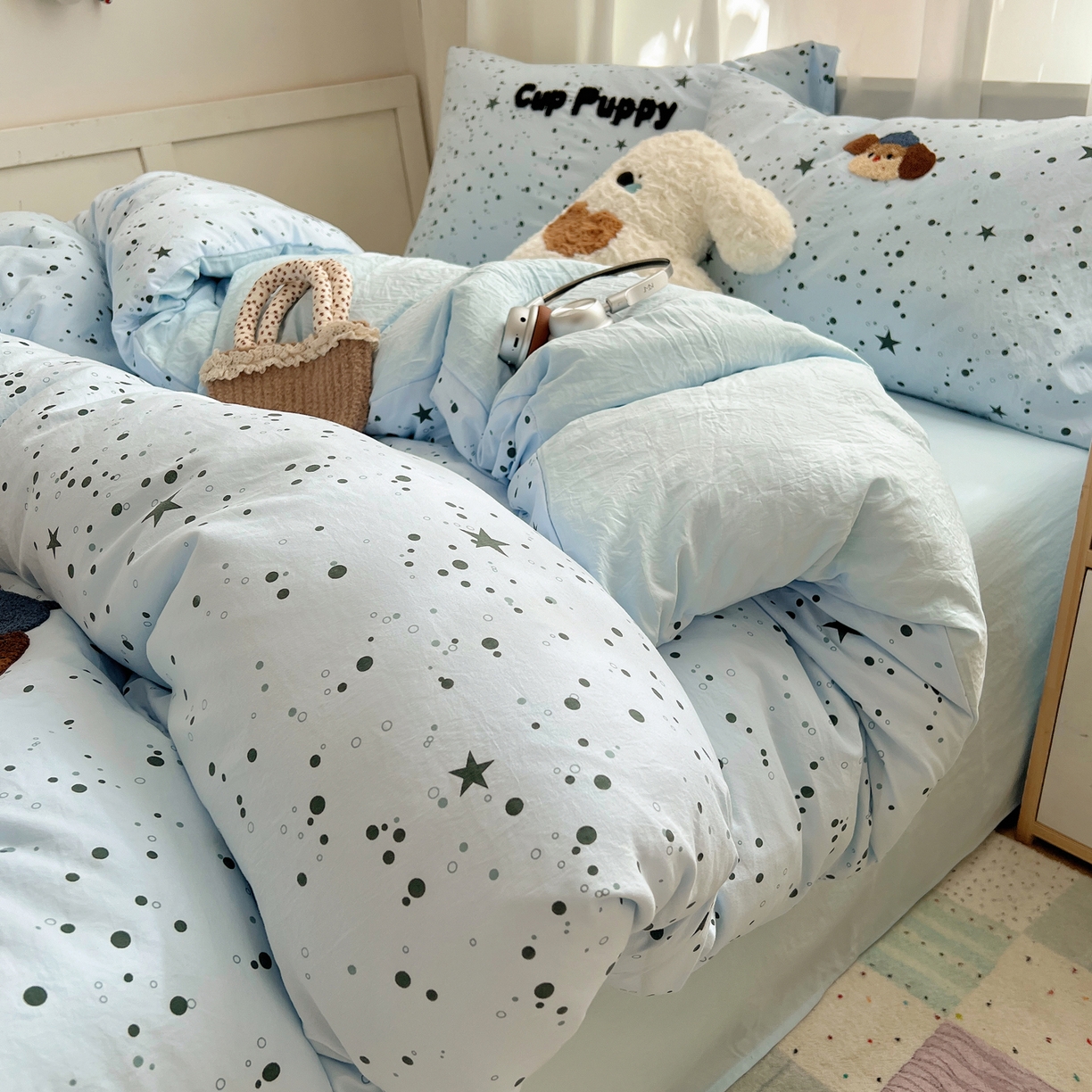 91家纺网 家纺一手货源 找家纺 顾里家纺 2025新款ins可爱毛巾绣云朵棉套件四件套 杯子小狗