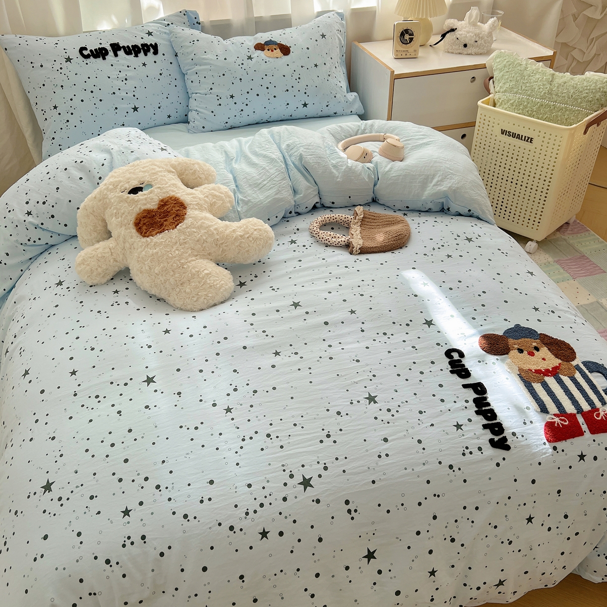 91家纺网 家纺一手货源 找家纺 顾里家纺 2025新款ins可爱毛巾绣云朵棉套件四件套 杯子小狗