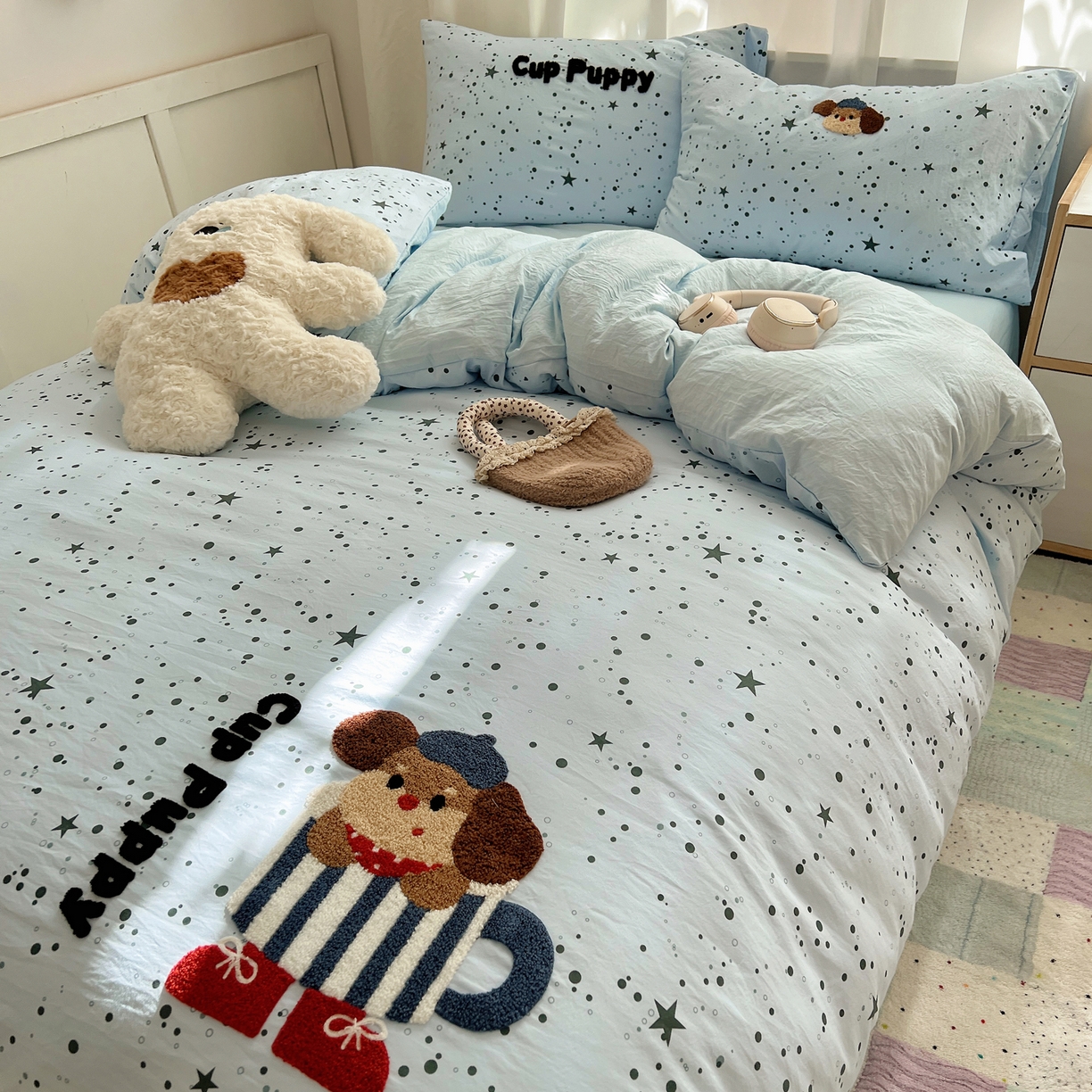 91家纺网 家纺一手货源 找家纺 顾里家纺 2025新款ins可爱毛巾绣云朵棉套件四件套 杯子小狗