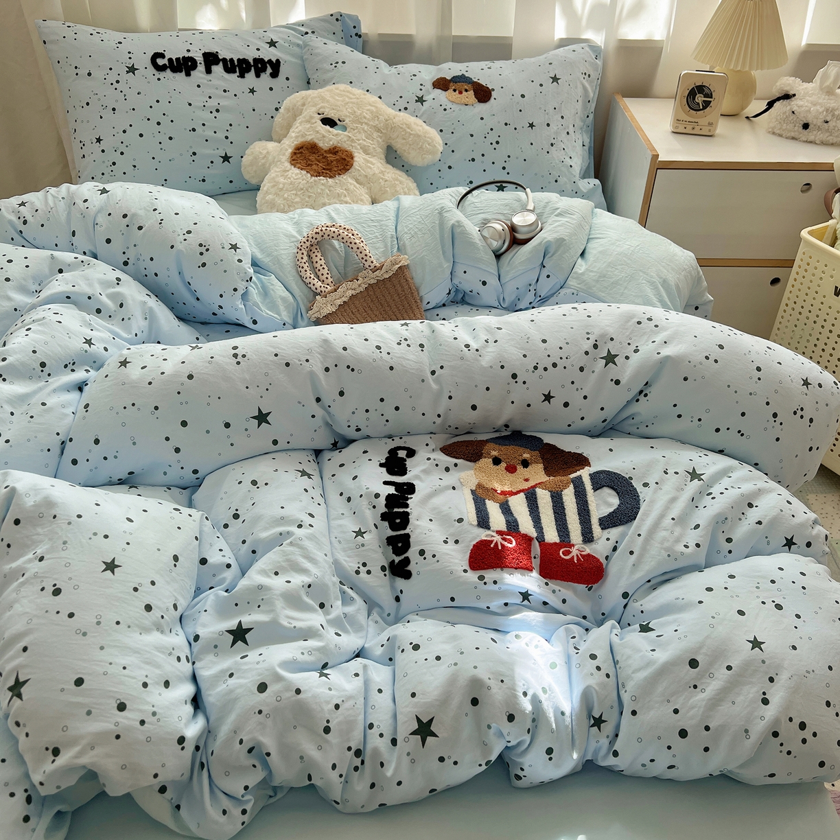 顾里家纺 2025新款ins可爱毛巾绣云朵棉套件四件套 杯子小狗