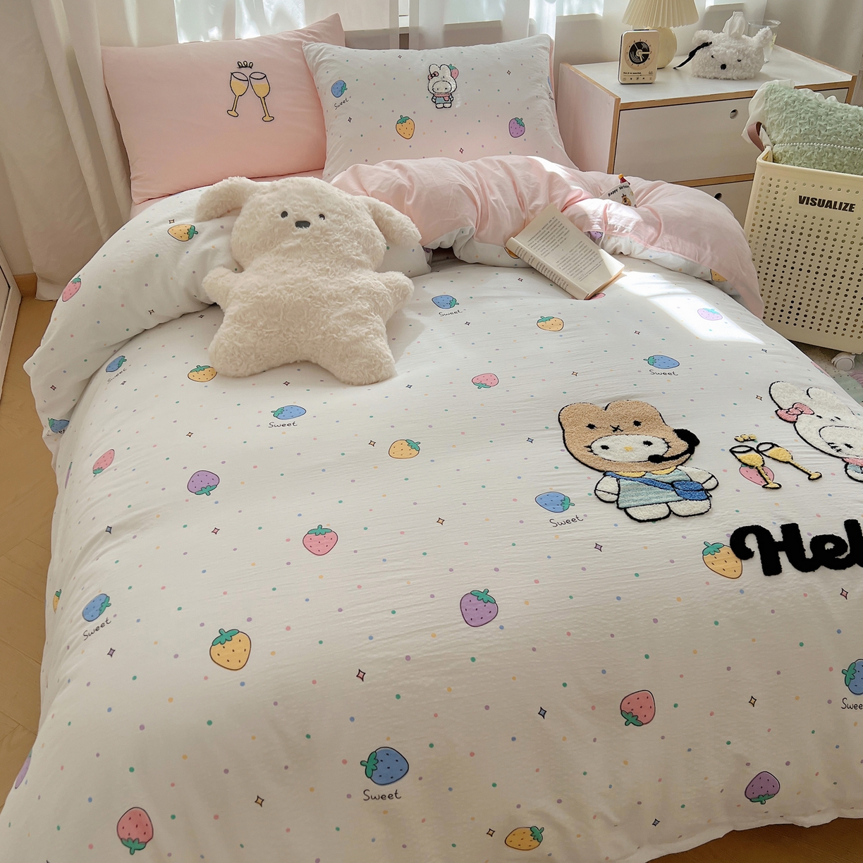 91家纺网 家纺一手货源 找家纺 顾里家纺 2025新款ins可爱毛巾绣云朵棉套件四件套 情侣兔