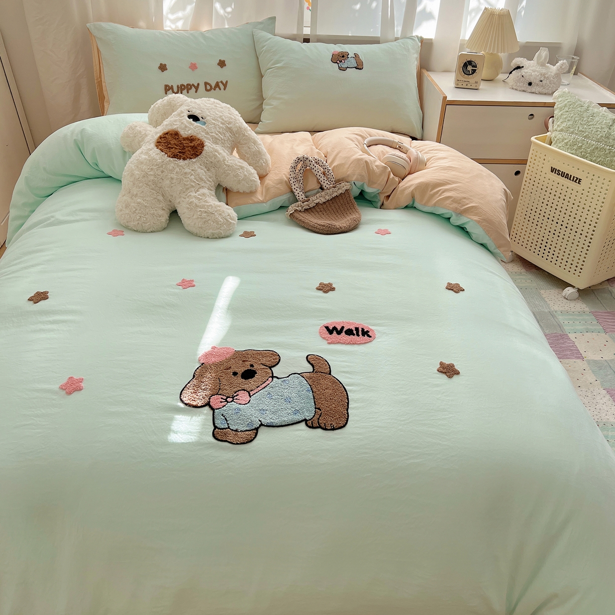 91家纺网 家纺一手货源 找家纺 顾里家纺 2025新款ins可爱毛巾绣云朵棉套件四件套 星星小狗