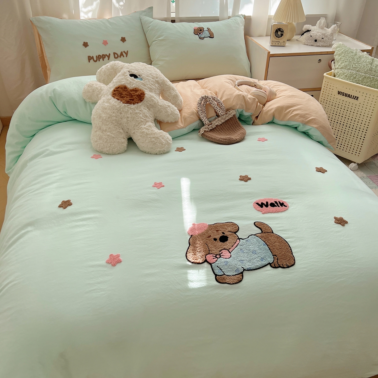 91家纺网 家纺一手货源 找家纺 顾里家纺 2025新款ins可爱毛巾绣云朵棉套件四件套 星星小狗