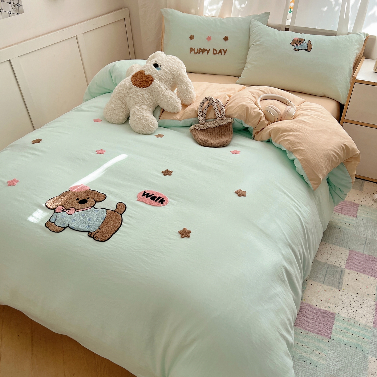 91家纺网 家纺一手货源 找家纺 顾里家纺 2025新款ins可爱毛巾绣云朵棉套件四件套 星星小狗