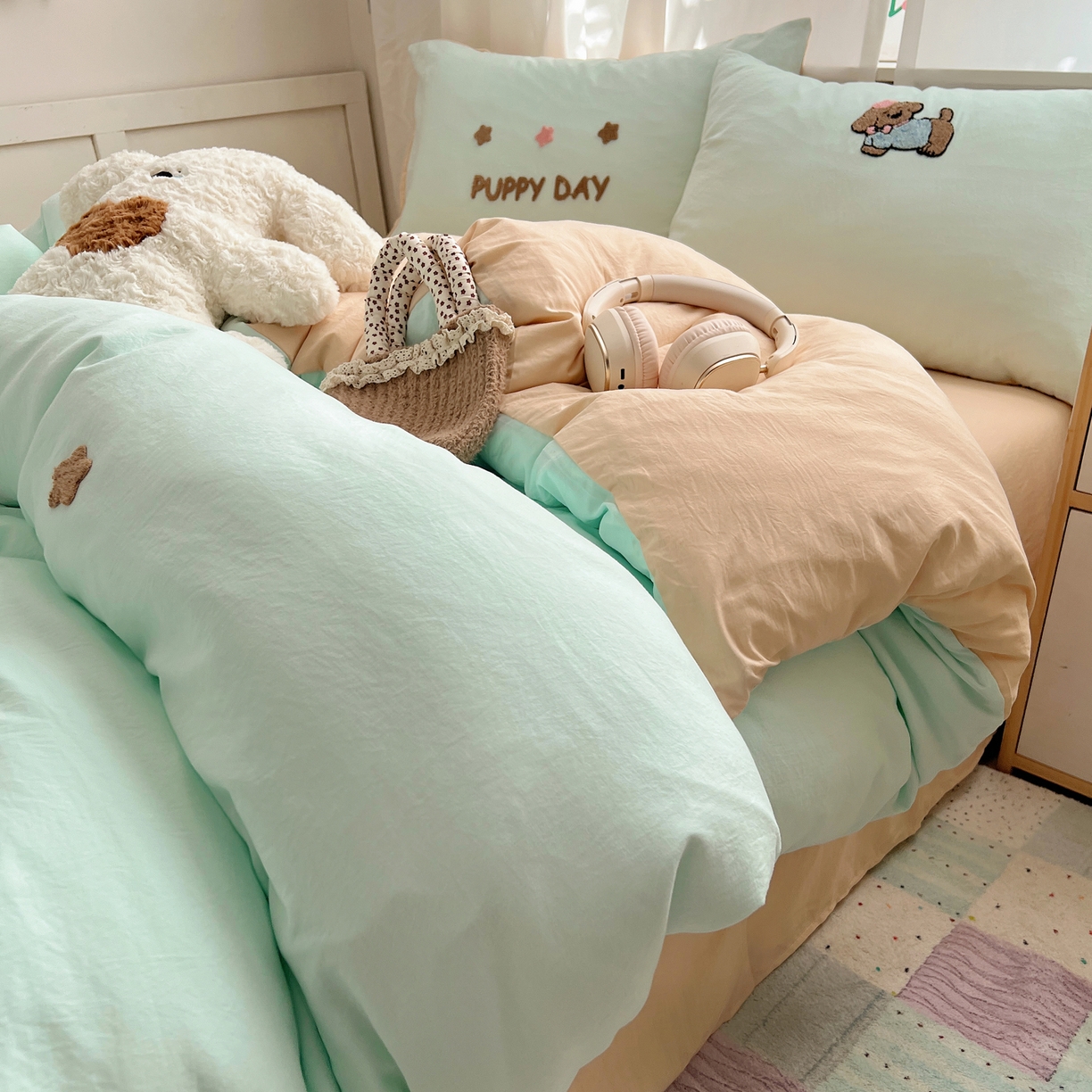 91家纺网 家纺一手货源 找家纺 顾里家纺 2025新款ins可爱毛巾绣云朵棉套件四件套 星星小狗