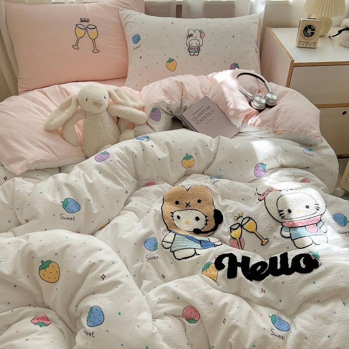 顾里家纺 2025新款ins可爱毛巾绣云朵棉套件四件套 情侣兔