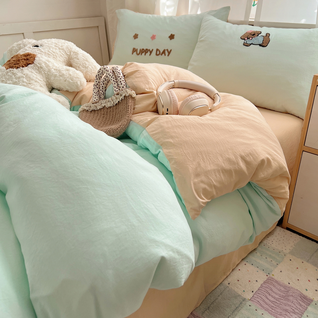 91家纺网 家纺一手货源 找家纺 顾里家纺 2025新款ins可爱毛巾绣云朵棉套件四件套 星星小狗