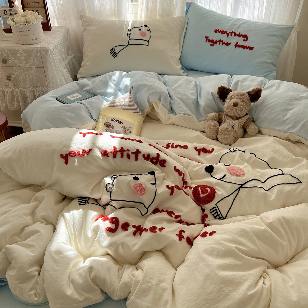 91家纺网 家纺一手货源 找家纺 顾里家纺 2025新款ins可爱毛巾绣云朵棉套件四件套 情书