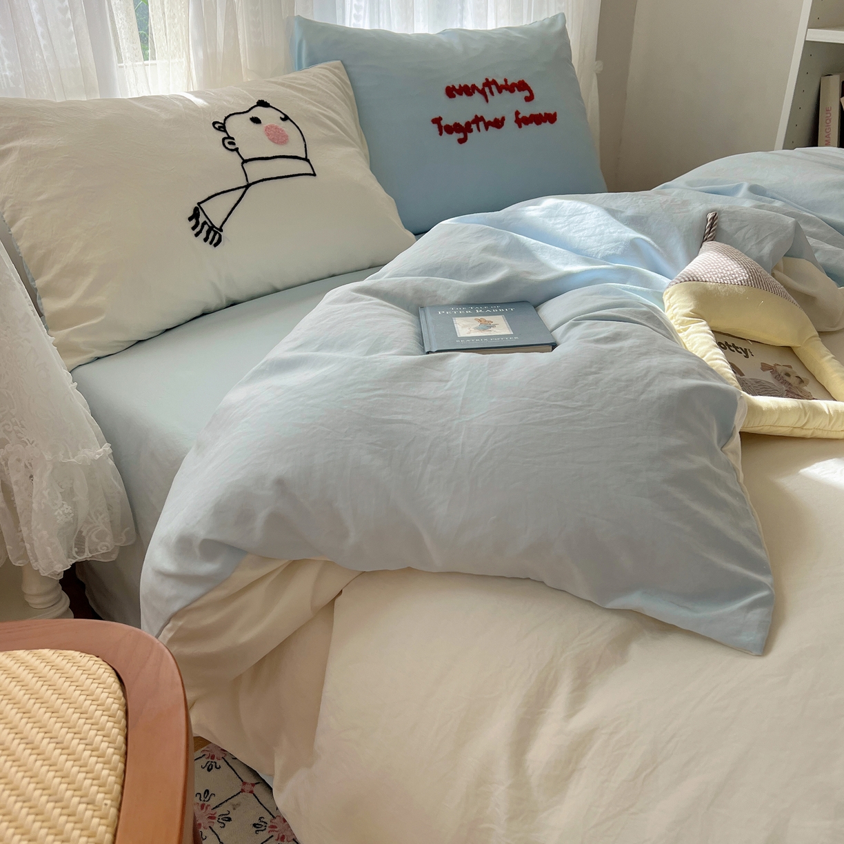 91家纺网 家纺一手货源 找家纺 顾里家纺 2025新款ins可爱毛巾绣云朵棉套件四件套 情书