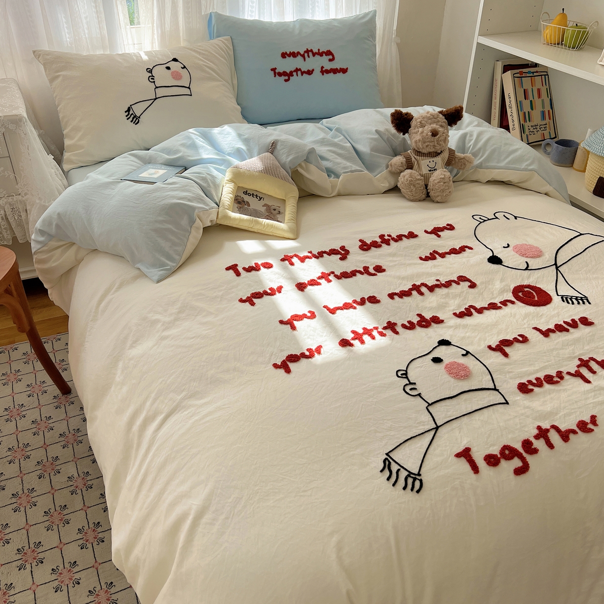 91家纺网 家纺一手货源 找家纺 顾里家纺 2025新款ins可爱毛巾绣云朵棉套件四件套 情书