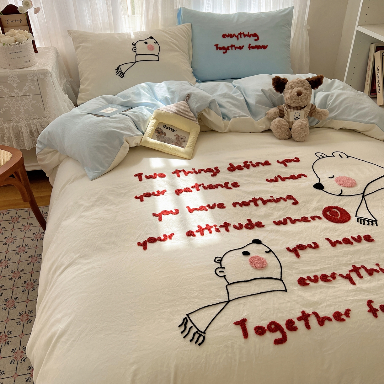 91家纺网 家纺一手货源 找家纺 顾里家纺 2025新款ins可爱毛巾绣云朵棉套件四件套 情书