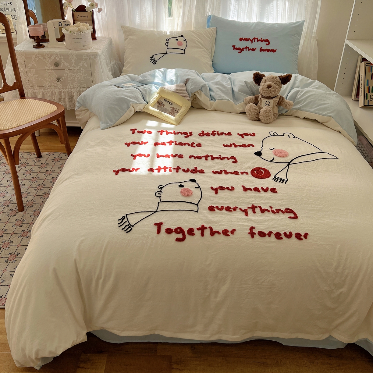 91家纺网 家纺一手货源 找家纺 顾里家纺 2025新款ins可爱毛巾绣云朵棉套件四件套 情书