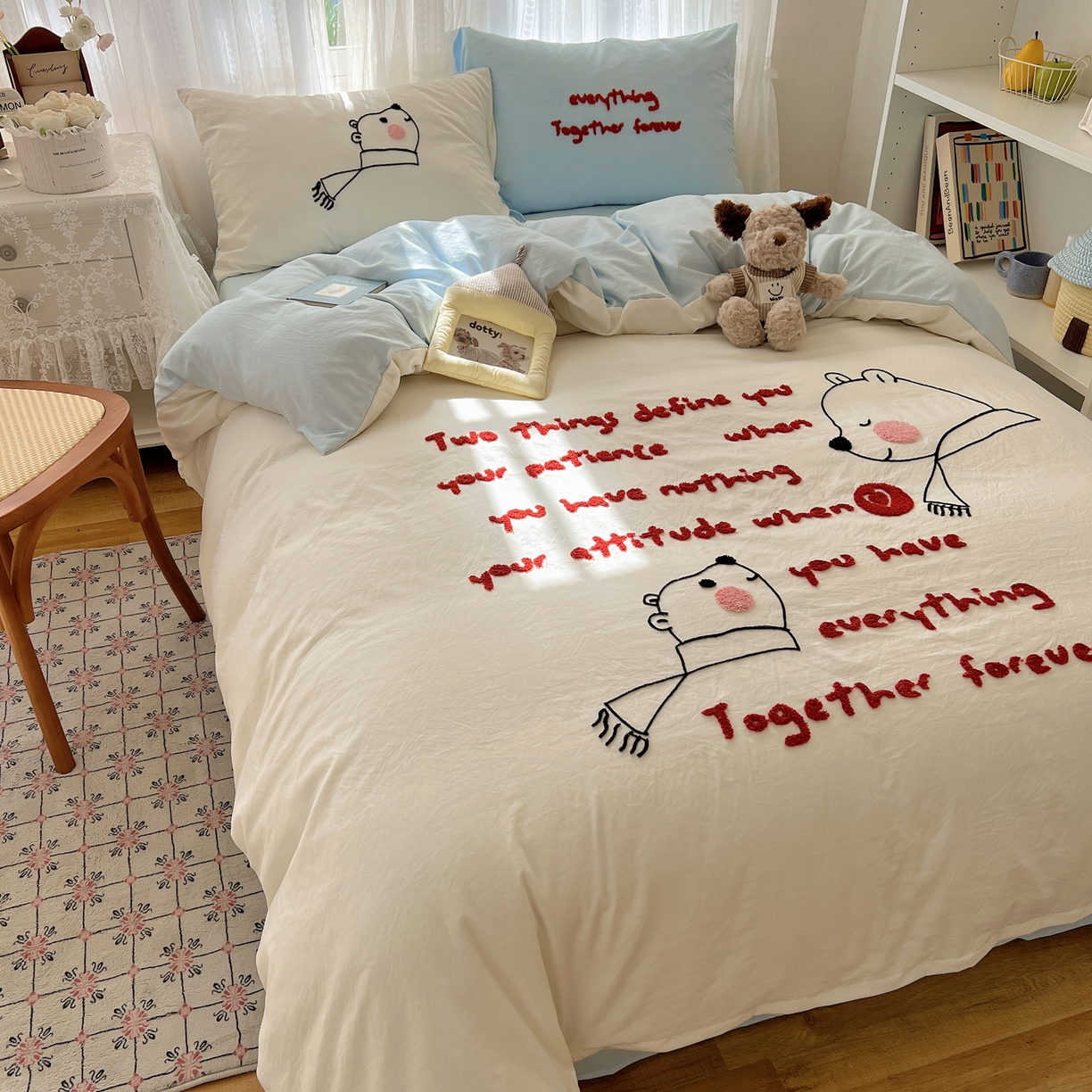 91家纺网 家纺一手货源 找家纺 顾里家纺 2025新款ins可爱毛巾绣云朵棉套件四件套 情书