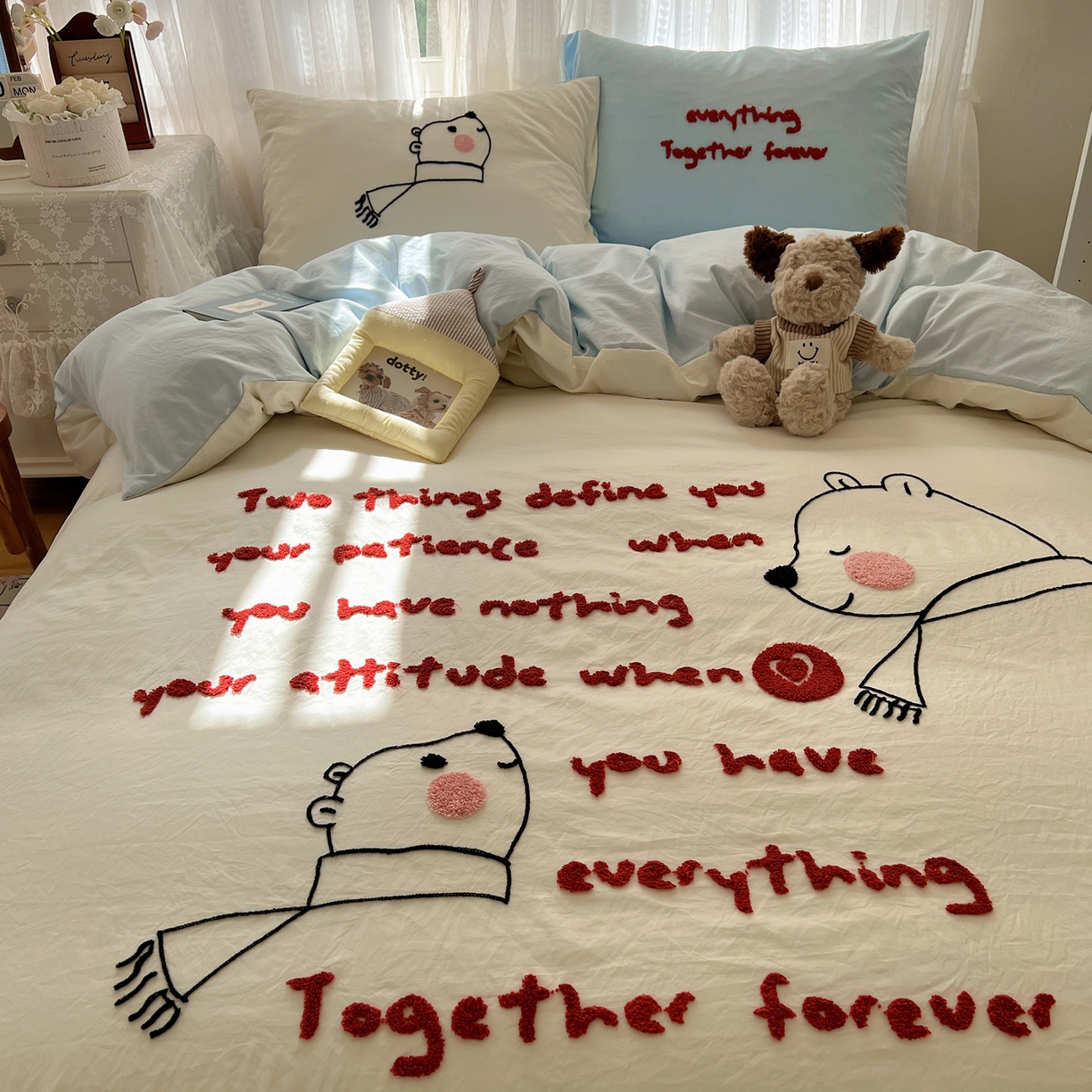 91家纺网 家纺一手货源 找家纺 顾里家纺 2025新款ins可爱毛巾绣云朵棉套件四件套 情书